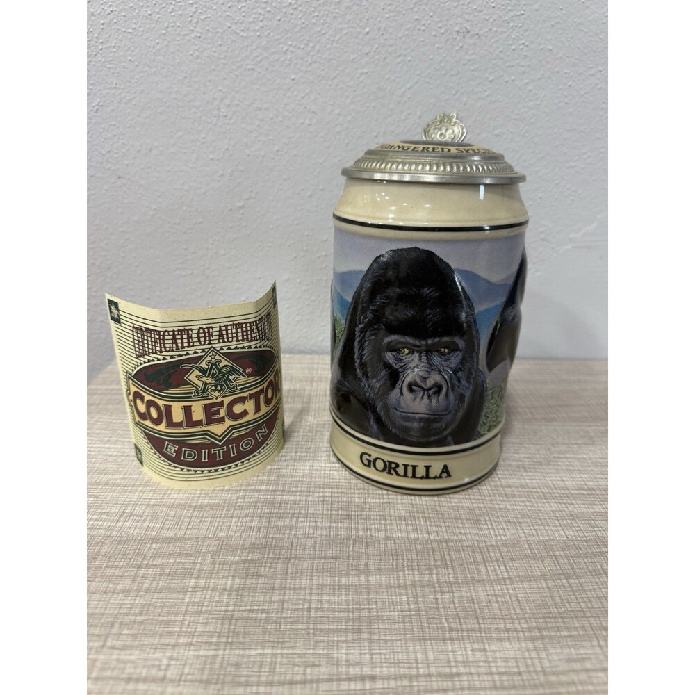 Vtg 1995 Budweiser Endangered Species Gorilla Beer Stein Lidded COA Ceramarte